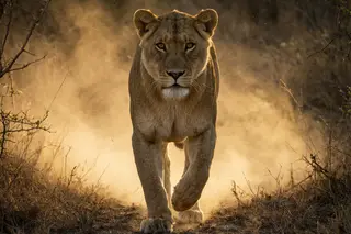 A lioness running toward the camera through a cloud of golden dust at sunset.