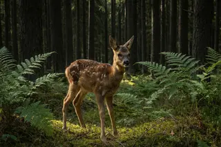 A spotted fawn standing still in a ray of light on the forest floor.
