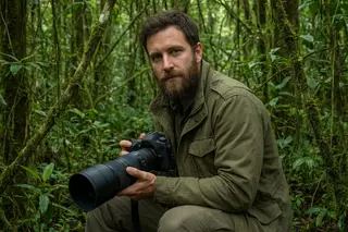 Ethan Vale in an olive field jacket holding a camera with a telephoto lens in the rainforest.