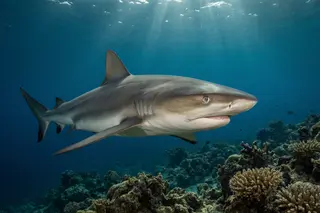 A grey reef shark gliding through blue water above a coral reef.