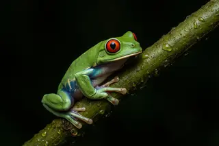 A red-eyed tree frog on a wet green branch covered in raindrops.