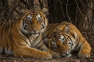 Two young tigers resting together in the shade, one awake and one asleep.